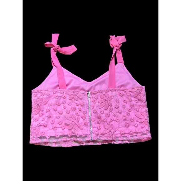 Mi Ami Pink Floral Lace Crop Top Tie Shoulder Straps V-Neck Back Zip Small - Picture 2 of 3
